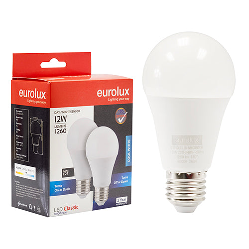 Eurolux A60 Day/Night Sensor 12W LED Bulb – E27 Screw, Twin Pack, 4000K Cool White