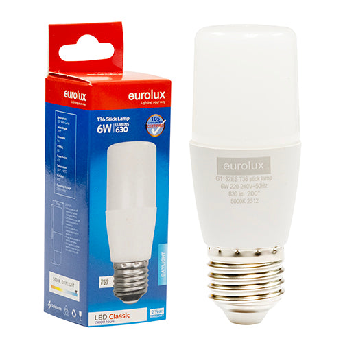 Eurolux Stick Lamp T36 6W LED Bulb – E27 Screw, 5000K Daylight