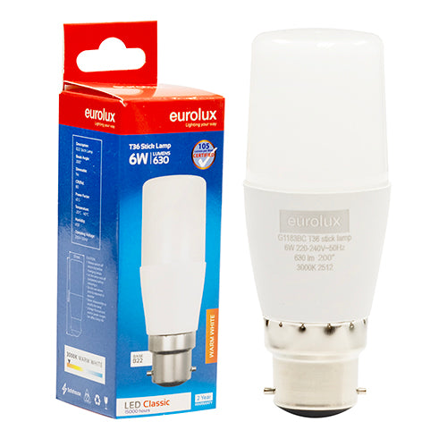 Eurolux Stick Lamp T36 6W LED Bulb – B22 Bayonet, 3000K Warm White