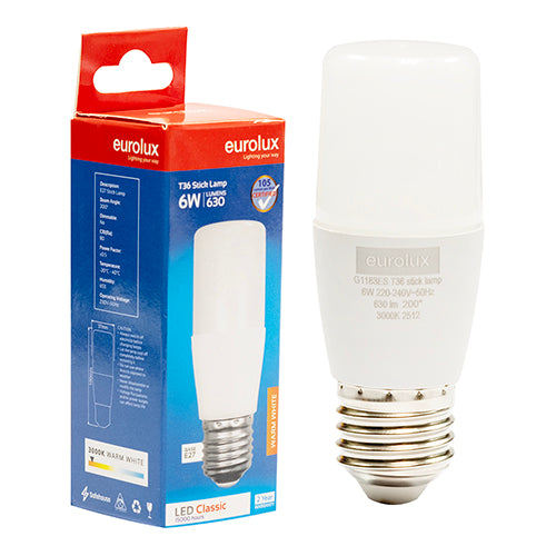 Eurolux Stick Lamp T36 6W LED Bulb – E27 Screw, 3000K Warm White