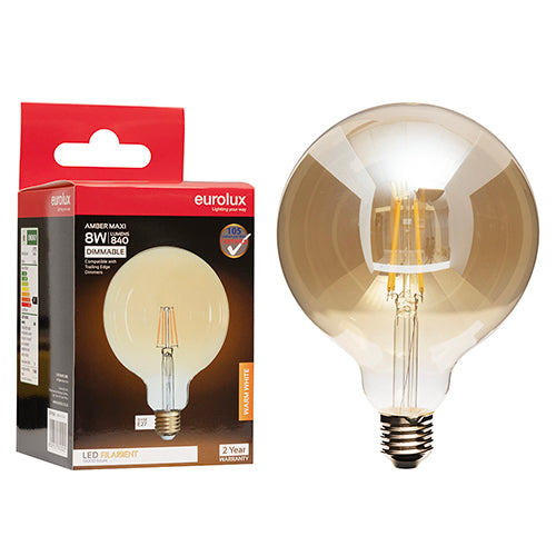 Eurolux Maxi Globe G125 Filament Amber 8W Dimmable LED Bulb – E27 Screw, 2700K Warm White
