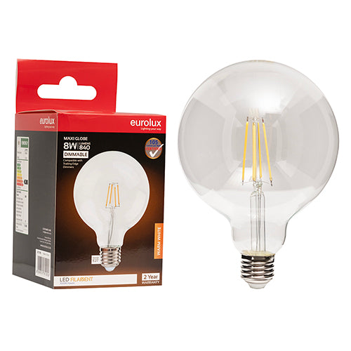 Eurolux Maxi Globe G125 Filament 8W Dimmable LED Bulb – E27 Screw, 3000K Warm White