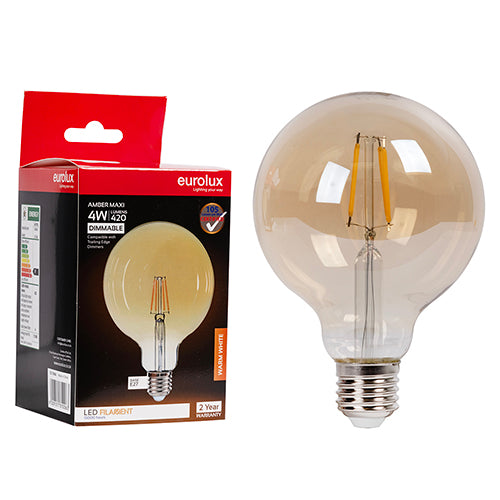 Eurolux Mini Maxi Globe G95 Filament Amber 4W Dimmable LED Bulb – E27 Screw, 2700K Warm White