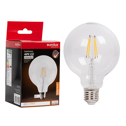 Eurolux Maxi Globe G95 Filament 4W Dimmable LED Bulb – E27 Screw, 3000K Warm White