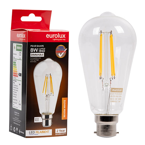 Eurolux Pear ST64 Filament 8W Dimmable LED Bulb – B22 Bayonet, 3000K Warm White