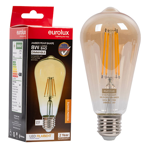 Eurolux Pear Filament Amber 8W Dimmable LED Bulb – E27 Screw, 2700K Warm White
