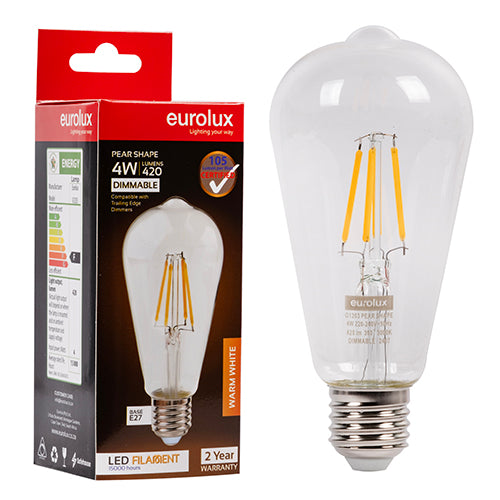 Eurolux Pear Filament 4W Dimmable LED Bulb – E27 Screw, 3000K Warm White