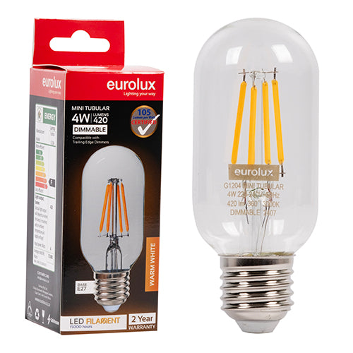 Eurolux Mini Tubular Filament 4W Dimmable LED Bulb – E27 Screw, 3000K Warm White