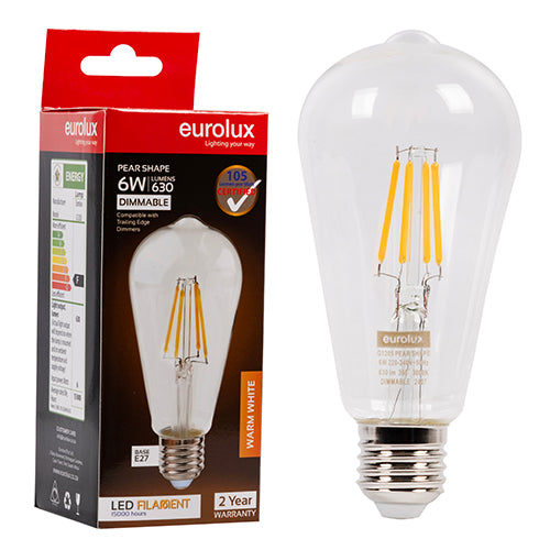 Eurolux Pear Nipple Filament 6W Dimmable LED Bulb – E27 Screw, 3000K Warm White