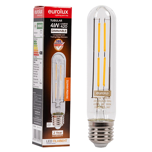 Eurolux Tubular T30-145 Filament 4W Dimmable LED Bulb – E27 Screw, 3000K Warm White