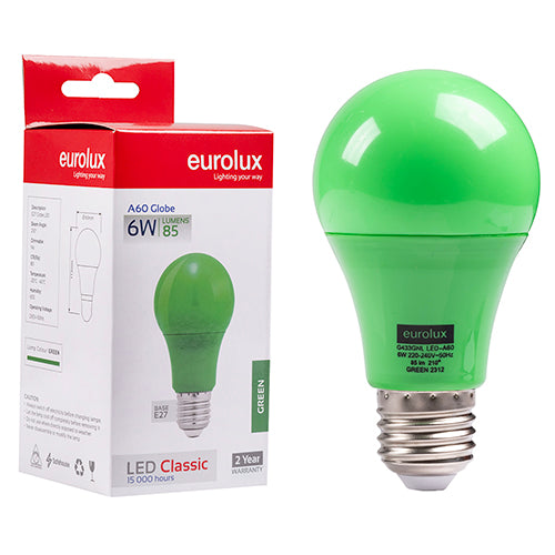 Eurolux A60 Coloured Classic 6W LED Bulb – E27 Screw, Green