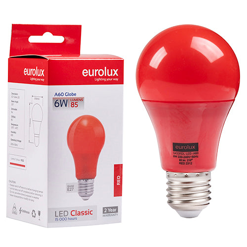 Eurolux A60 Coloured Classic 6W LED Bulb – E27 Screw, Red
