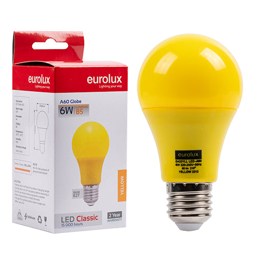 Eurolux A60 Coloured Classic 6W LED Bulb – E27 Screw, Yellow
