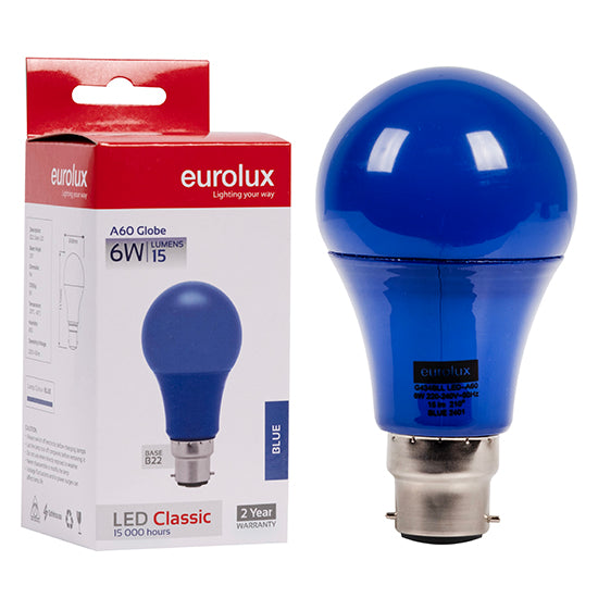 Eurolux A60 Coloured Classic 6W LED Bulb – B22 Bayonet, Blue