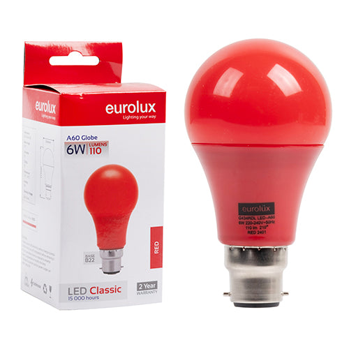 Eurolux A60 Coloured Classic 6W LED Bulb – B22 Bayonet, Red