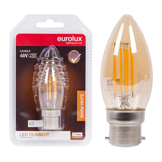 Eurolux Candle Filament Amber 4W LED Bulb – B22 Bayonet, 2700K Warm White