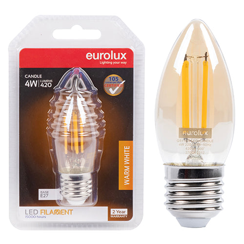 Eurolux Candle Filament Amber 4W LED Bulb – E27 Screw, 2700K Warm White