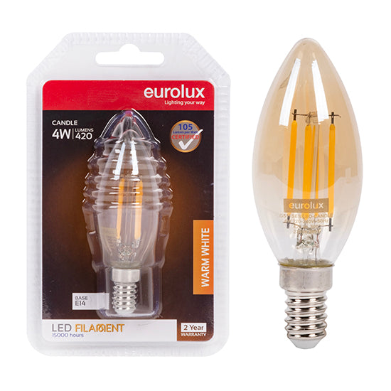 Eurolux Candle Filament Amber 4W LED Bulb – E14 Small Screw, 2700K Warm White