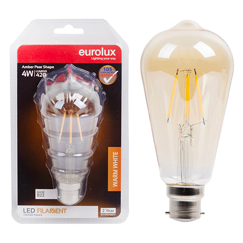 Eurolux Pear Nipple Filament Amber 4W LED Bulb – B22 Bayonet, 2700K Warm White