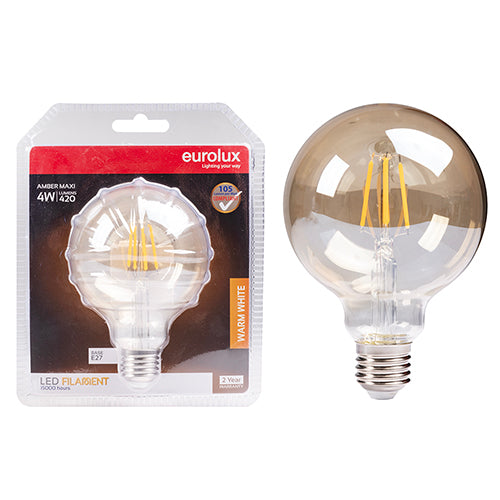 Eurolux Maxi Globe G95 Filament Amber 4W LED Bulb – E27 Screw, 2700K Warm White