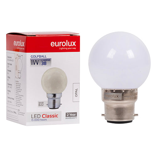 Eurolux Golfball Coloured Classic 1W LED Bulb – B22 Bayonet, Opal White 6500K