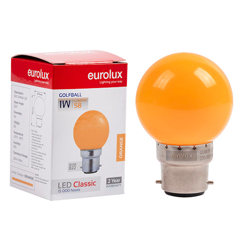 Eurolux Golfball Coloured Classic 1W LED Bulb – B22 Bayonet, Orange