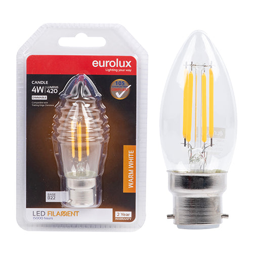 Eurolux Candle Filament 4W Dimmable LED Bulb – B22 Bayonet