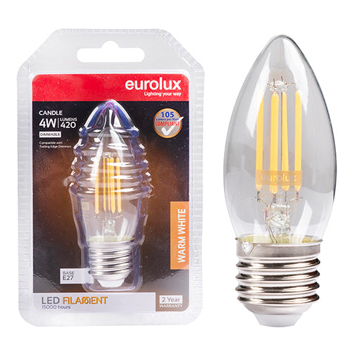 Eurolux Candle Filament 4W Dimmable LED Bulb – E27 Screw, 3000K Warm White