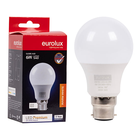 Eurolux A60 Premium 6W LED Bulb – B22 Bayonet, 3000K Warm White
