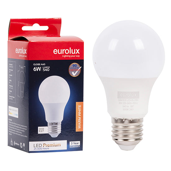Eurolux A60 Premium 6W LED Bulb – E27 Screw, 3000K Warm White