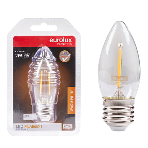 Eurolux Candle Filament 2W LED Bulb – E27 Screw, 2700K Warm White