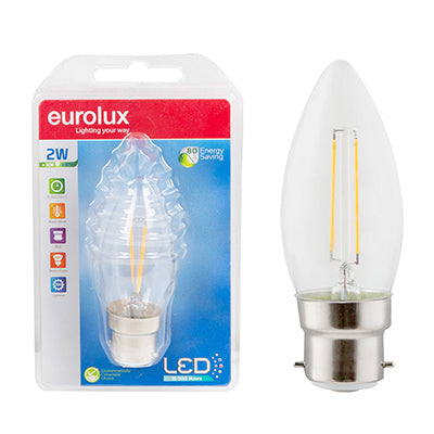 Eurolux Candle Filament 2W LED Bulb – B22 Bayonet, 2700K Warm White