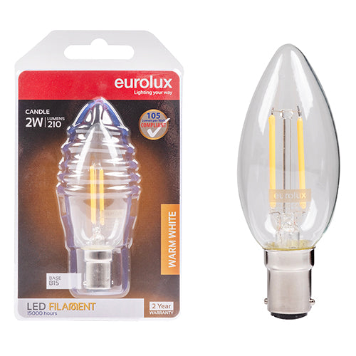 Eurolux Candle Filament 2W LED Bulb – B15 Small Bayonet, 2700K Warm White
