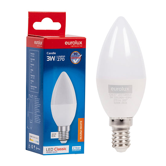 Eurolux Candle Plastic Classic 3W LED Bulb – E14 Small Screw, 3000K Warm White
