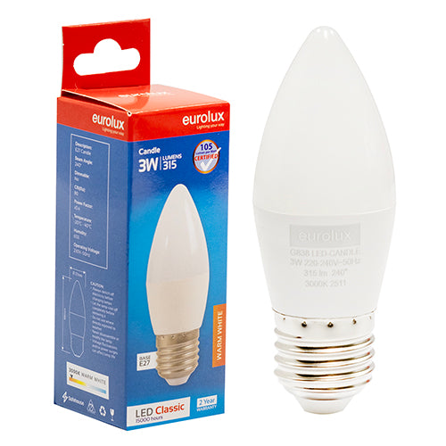 Eurolux Candle Plastic Classic 3W LED Bulb – E27 Screw, 3000K Warm White