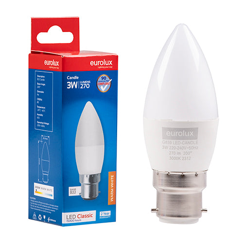 Eurolux Candle Plastic Classic 3W LED Bulb – B22 Bayonet, 3000K Warm White