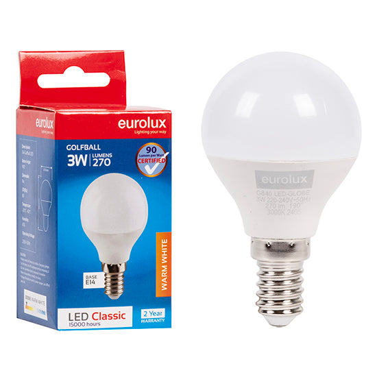 Eurolux Golfball Classic 3W LED Bulb – E14 Small Screw, 3000K Warm White