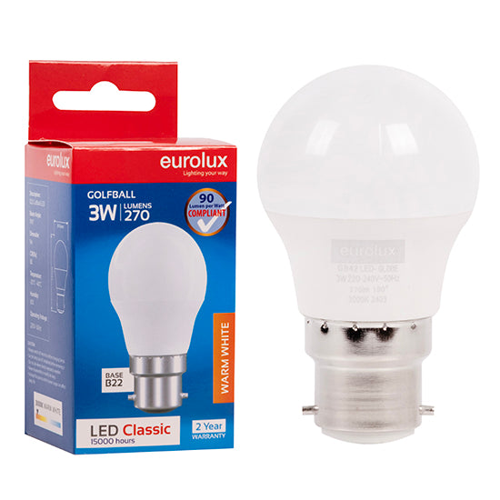 Eurolux Golfball Classic 3W LED Bulb – B22 Bayonet, 3000K Warm White