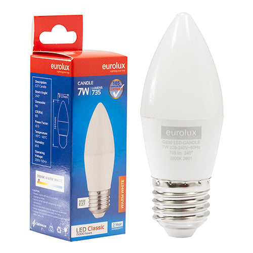 Eurolux Candle Plastic Classic 7W LED Bulb – E27 Screw, 3000K Warm White