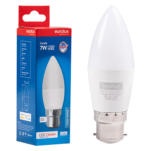Eurolux Candle Plastic Classic 7W LED Bulb – B22 Bayonet, 4000K Cool White