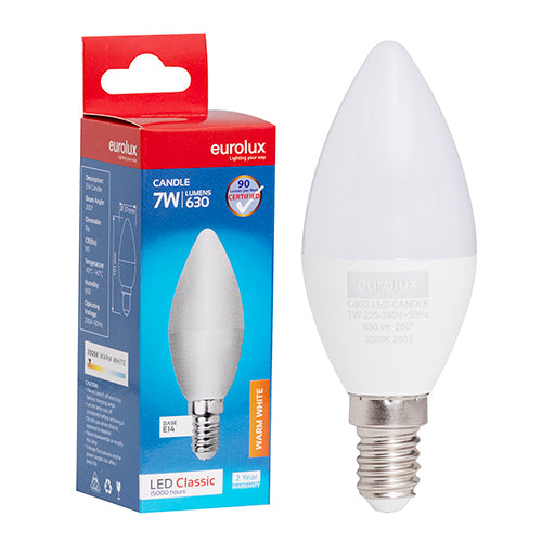 Eurolux Candle Plastic Classic 7W LED Bulb – E14 Small Screw, 3000K Warm White