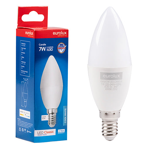 Eurolux Candle Plastic Classic 7W LED Bulb – E14 Small Screw, 4000K Cool White