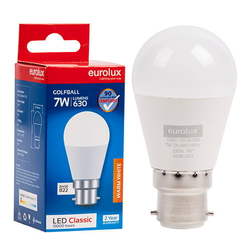 Eurolux Golfball Classic 7W LED Bulb – B22 Bayonet, 3000K Warm White