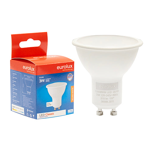 Eurolux GU10 Classic Frosted Lens 3W LED Lamp – GU10, 3000K Warm White