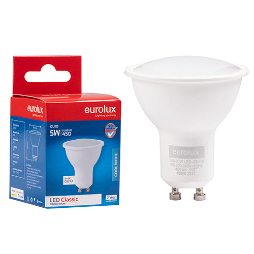 Eurolux GU10 Classic Frosted Lens 5W LED Lamp – GU10, 4000K Cool White