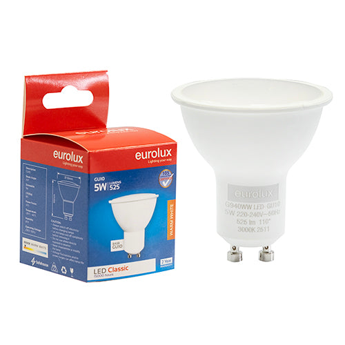 Eurolux GU10 Classic Frosted Lens 5W LED Lamp – GU10, 3000K Warm White