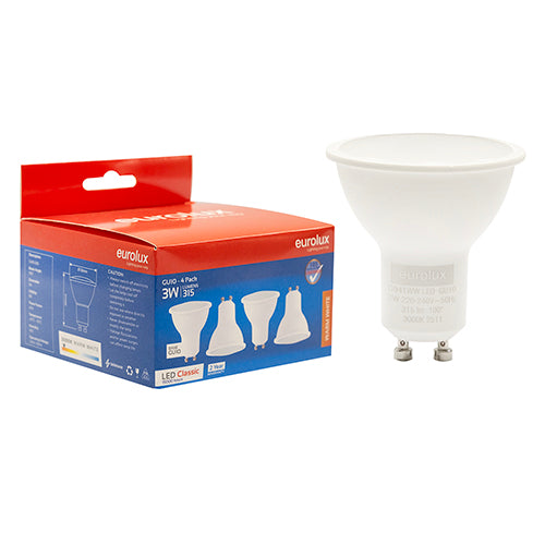 Eurolux GU10 Classic Frosted Lens 3W LED Lamp – GU10, 4 Pack, 3000K Warm White