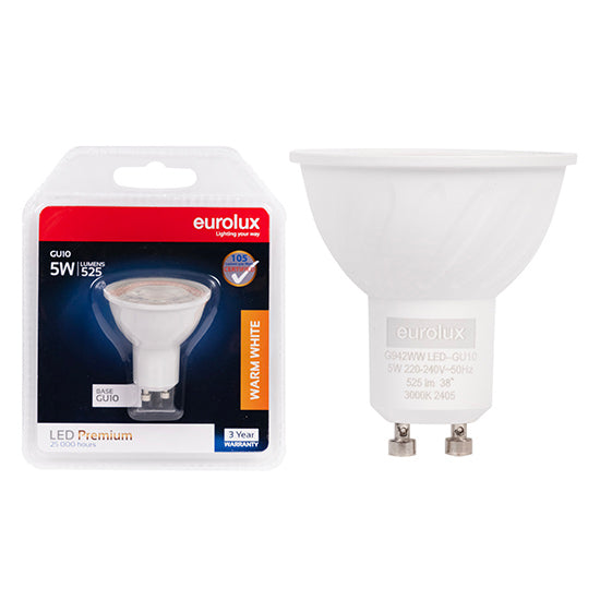 Eurolux GU10 Premium Clear Lens 5W LED Lamp – GU10, 3000K Warm White