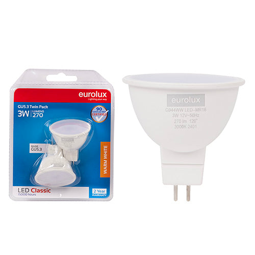 Eurolux MR16 Classic Frosted Lens 3W LED Lamp – GU5.3, Twin Pack, 3000K Warm White