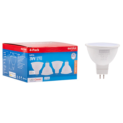 Eurolux MR16 Classic Frosted Lens 3W LED Lamp – GU5.3, 4 Pack, 3000K Warm White